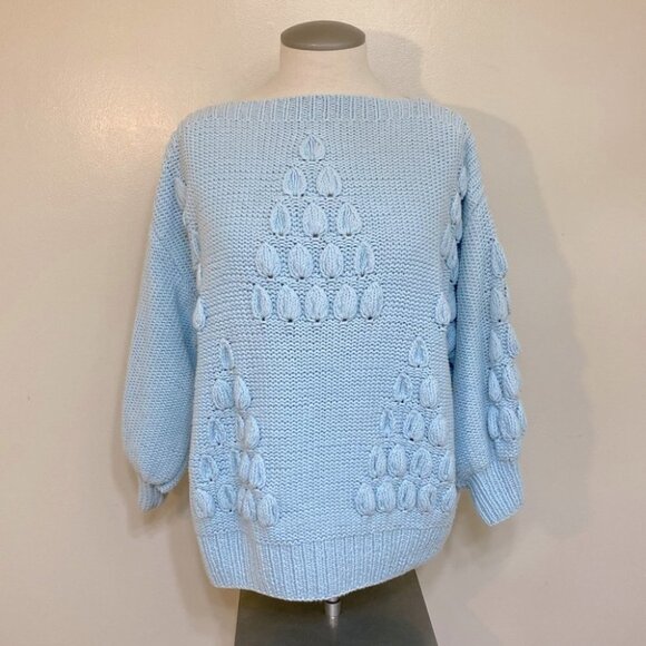 Vintage Light Blue Bubble Knit 3/4 Sleeve Knit Grandma Sweater S - Picture 1 of 10
